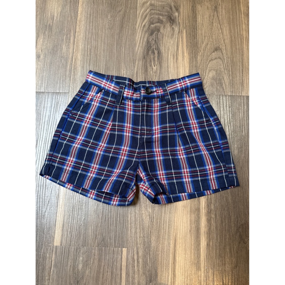 Uniqlo Plaid Shorts Youth 3-4 Navy Blue Tartan Adjustable Waist Pleated Front